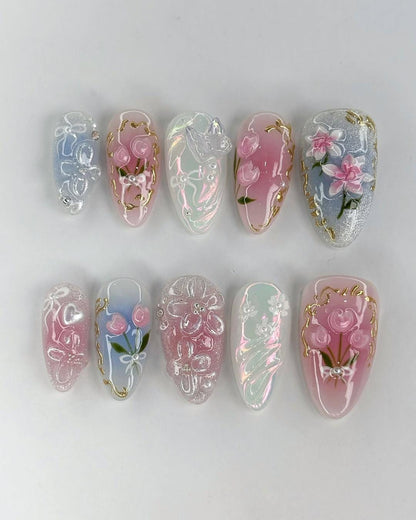 Elegant Floral 3D Gel Nail Art Set - Stunning Pink & Gold Design