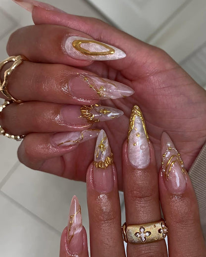 Celestial Gold Pearl Press On Nails – 3D Shell and Star Design
