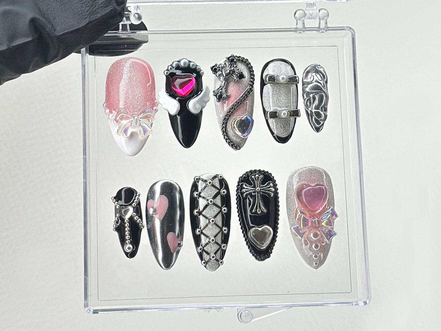 Gothic Glam Press On Nails Long Oval Black Chrome Romance