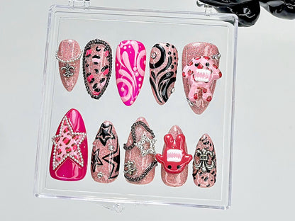 Y2K Pink Chrome Star Punk Press On Nails
