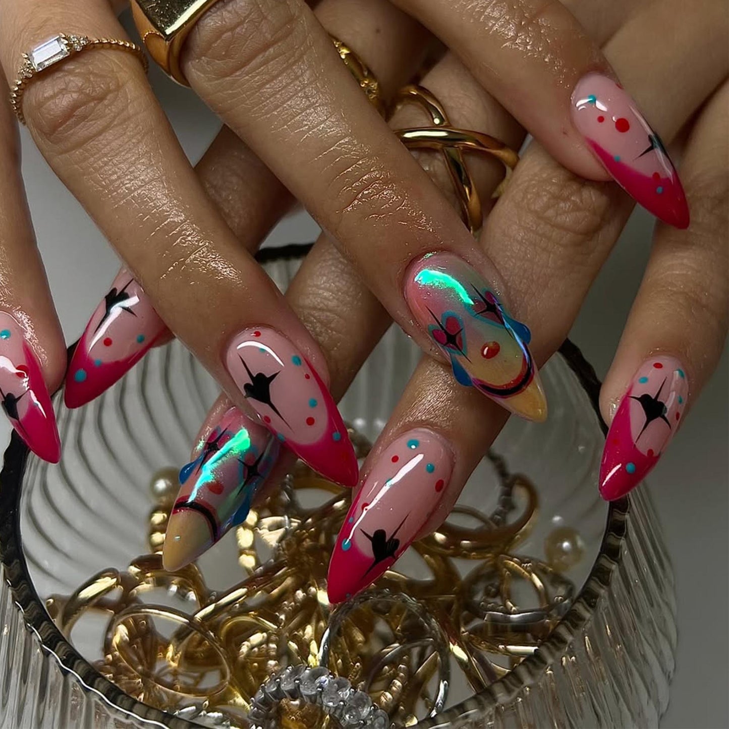 Cosmic Pink Press-On Nails with Holographic Planet and Smile Face