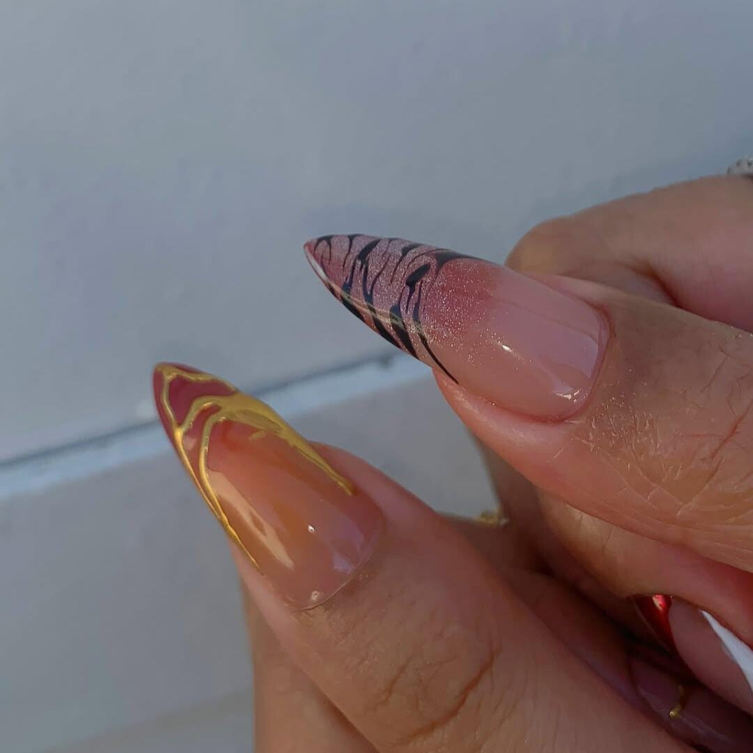 Fall Wedding Press On Nails - Sunset Hibiscus Gold Stiletto Nails
