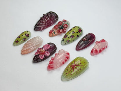 Whimsical Garden Press On Nails with 3D Floral and Ladybug Art