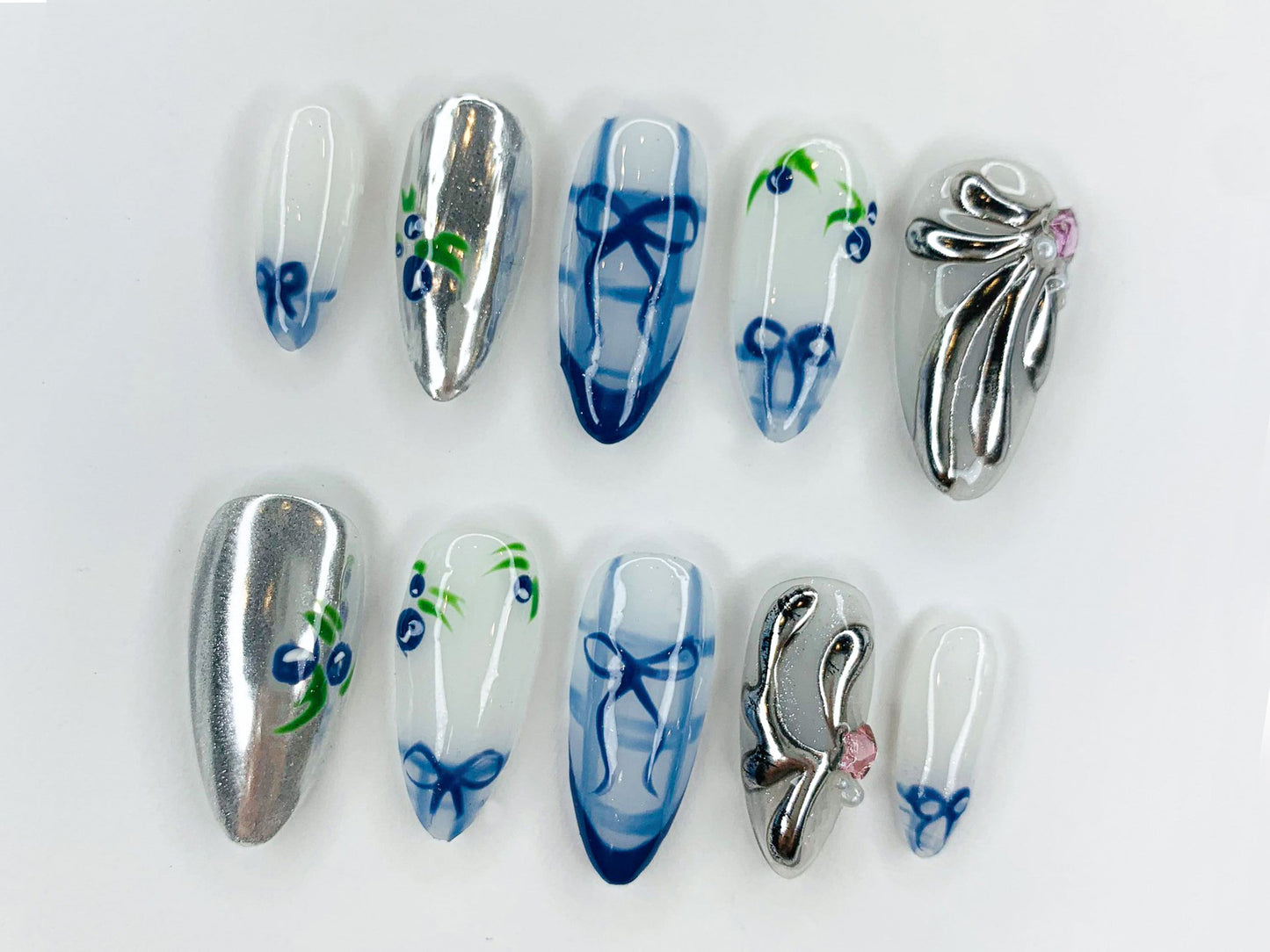 Silver Blue Ribbon Press On Nail Set