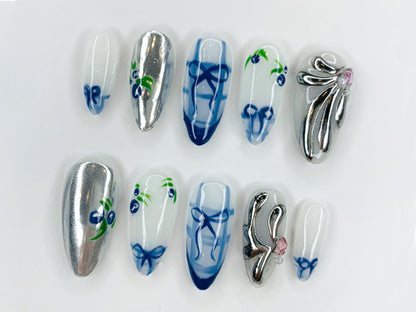 Silver Blue Ribbon Press On Nail Set