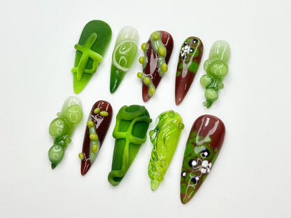 Organic Green 3D Press On Nail Set