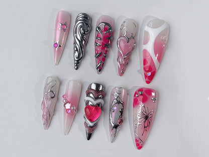 Bold 3D Heart Press-On Nails, Pink Glam Set