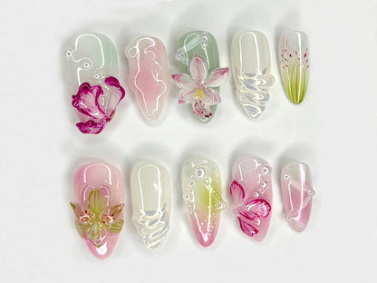 Elegant 3D Floral Press-On Nails, Pink Glow Set