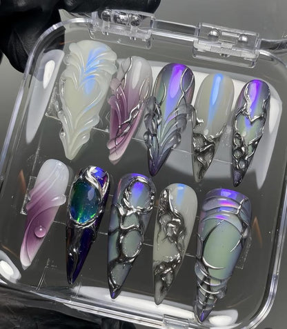 Iridescent Purple Press-On Nails - Long Stiletto, Holographic 3D Art, 10pc Set