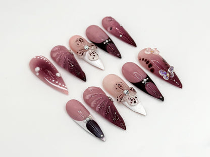 Elegant Burgundy Floral Press-On Nails Set