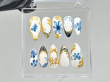 Sophisticated Blue Floral Press On Nails