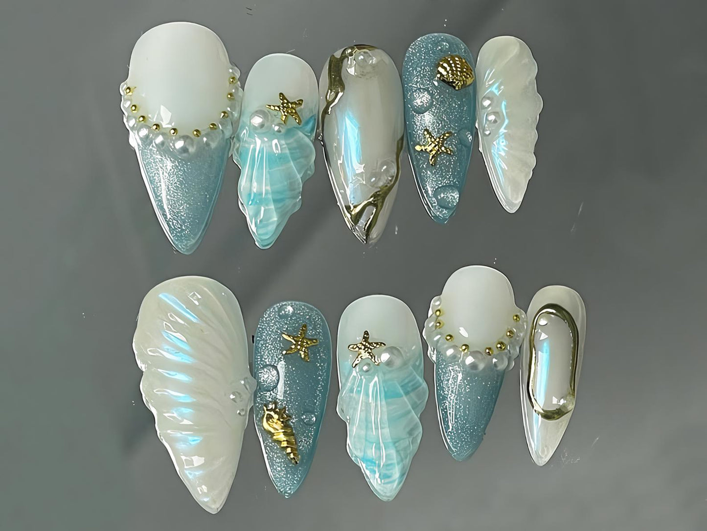 Stunning Seashell Acrylic Nails - Ocean Glam Set