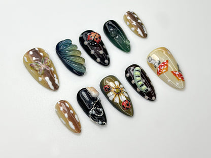 Whimsical Garden Press On Nails with Nature Art