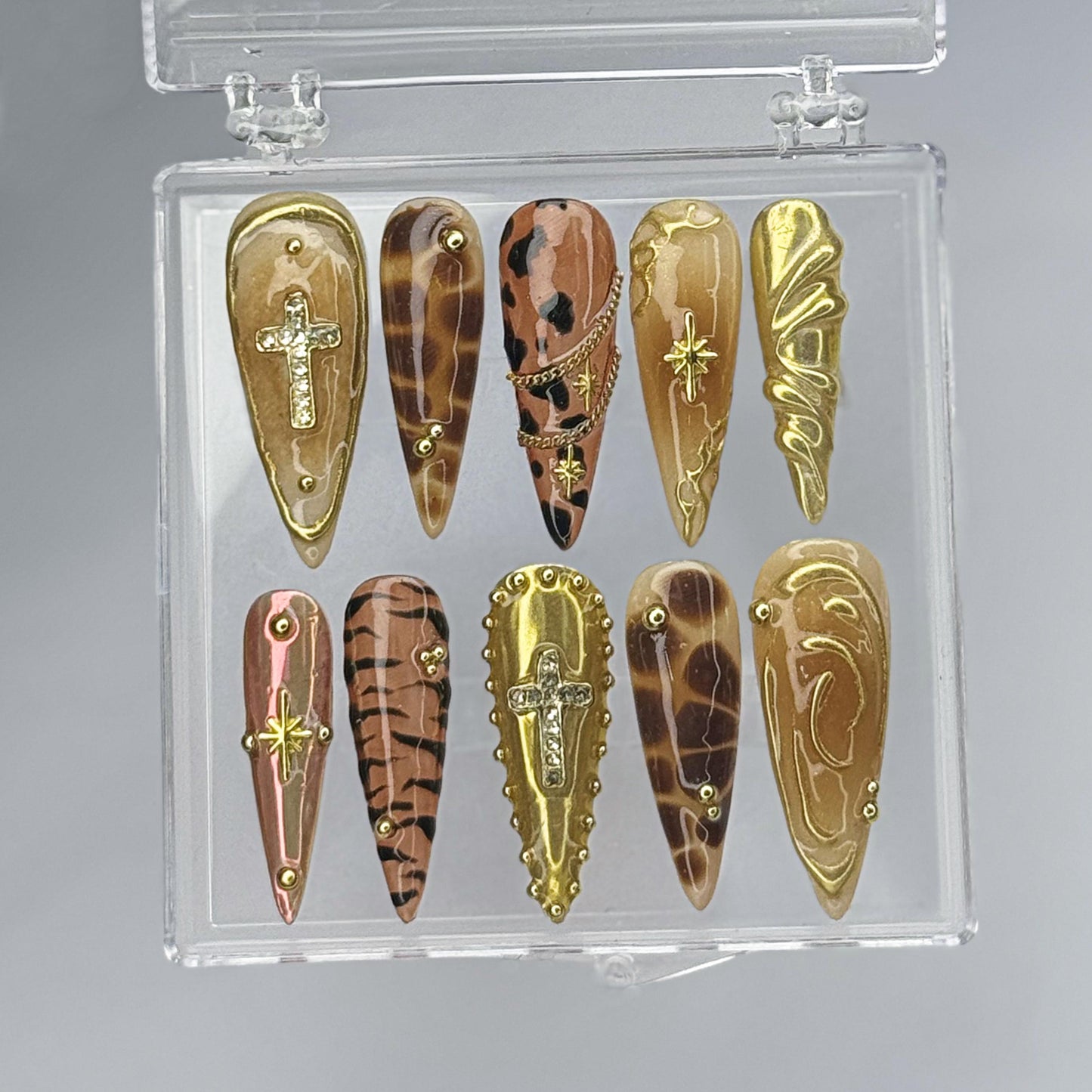 Gold Tortoiseshell Press On Nails Set with Cross Charms