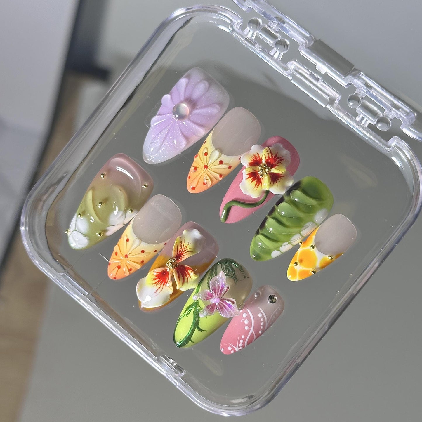 Trendy Bloom Press On Nails – 3D Garden Art with Tropical Twist