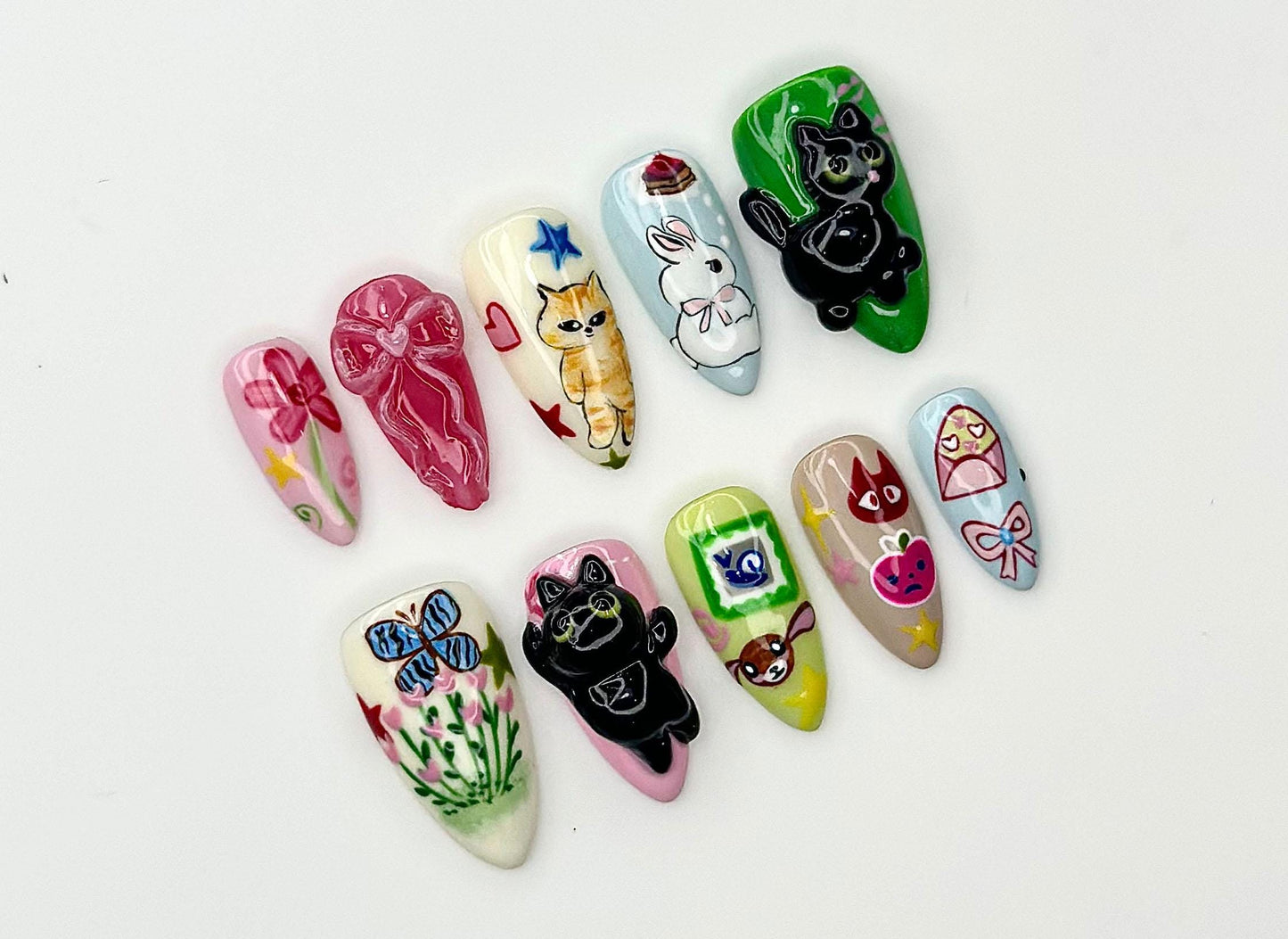 Kawaii Cat Bunny Ribbon Press On Nails