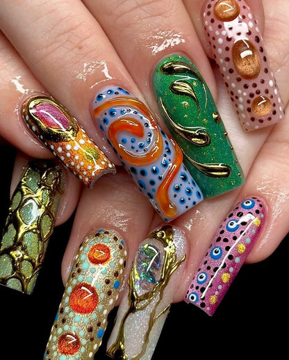 Colorful 3D Texture Press-On Nails with Floral Gems.