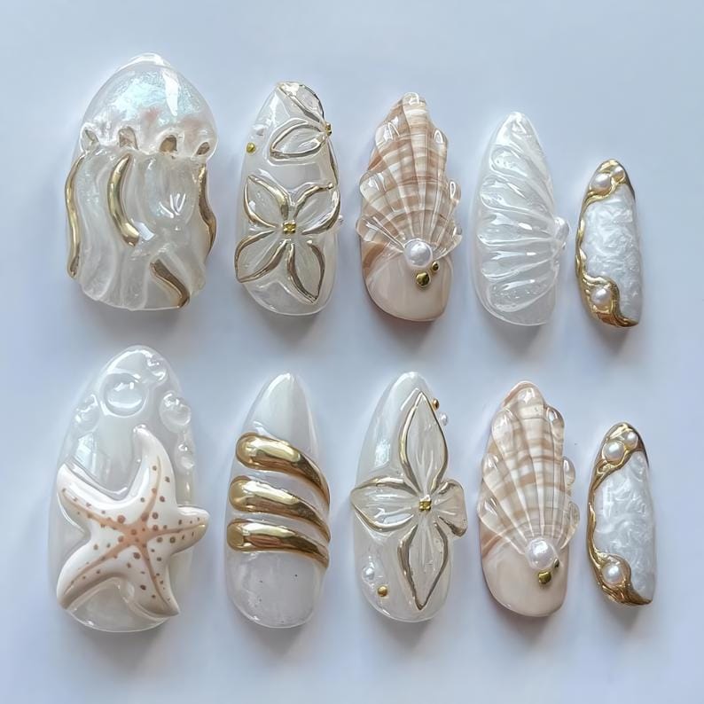 Pearl White Seashell Mermaid Press On Nails