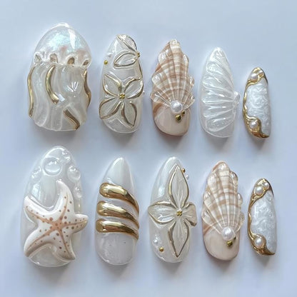 Pearl White Seashell Mermaid Press On Nails