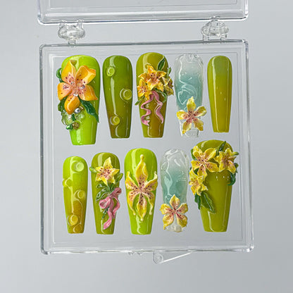 Tropical Lily Press On Nails,3D Floral Green Nail Set