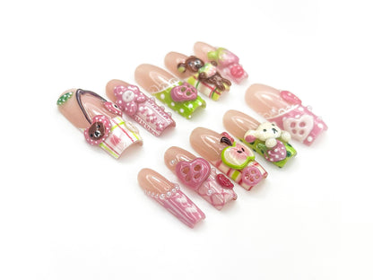 Kawaii Bear Candy Press On Nails 3D Cute Apple Cherry Nail Art