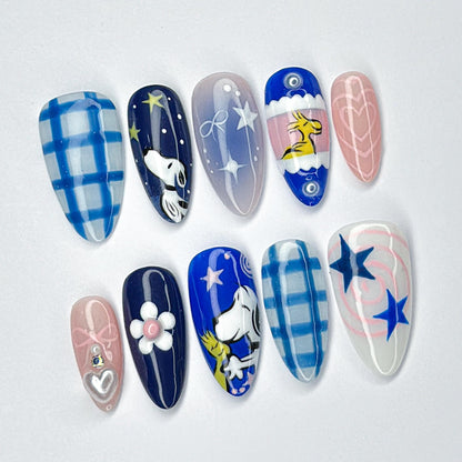 Cartoon Star Press On Nails Blue Gingham Set