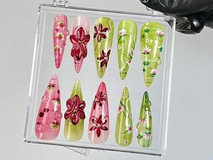 Lotus Garden Bloom 3D Press On Nail Set