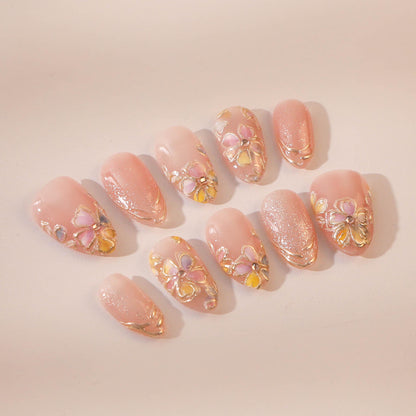 Japanese Floral Press-On Nails with Cherry Blossom Charm.