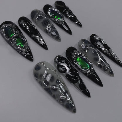 Cyber Black Chrome Green Core Press On Nails
