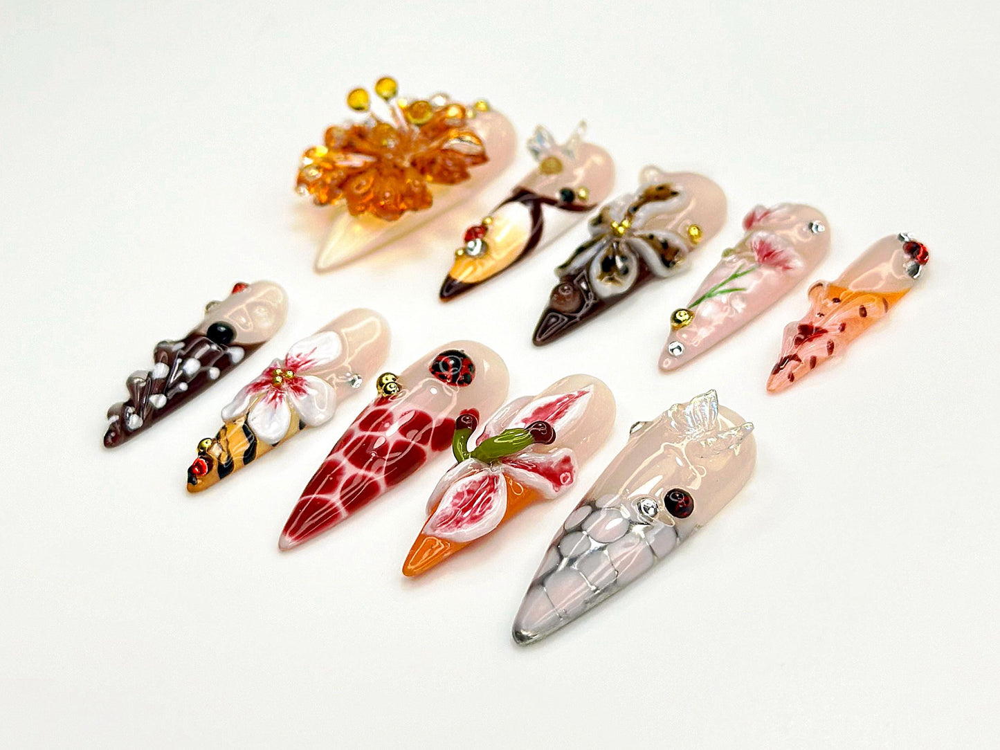 Stunning 3D Floral Acrylic Nails Set