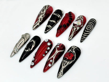 Gothic Red Black Metallic 3D Press-On Nails