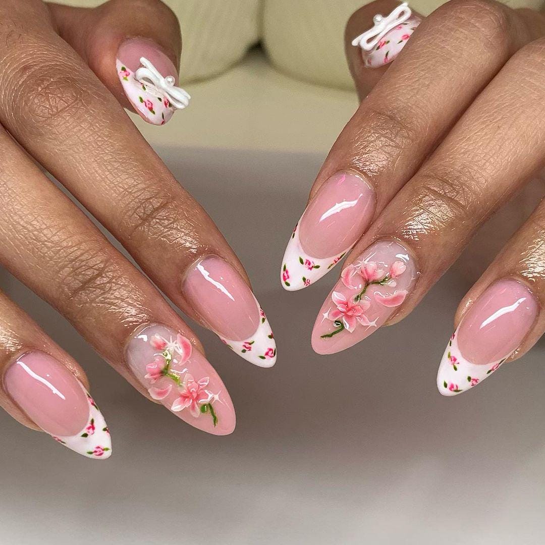 3D Pink Blossom French Tip Press Nails