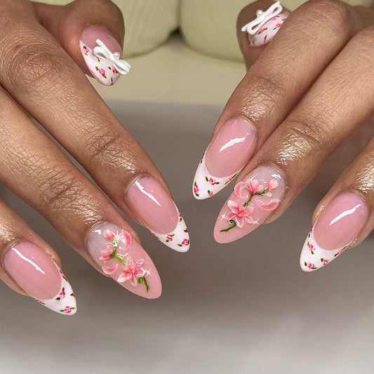 3D Pink Blossom French Tip Press Nails