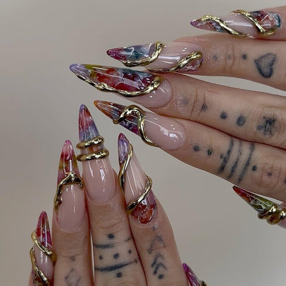 Gold Wire Wrapped Press On Nails, Luxury Marble Nail Art
