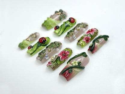 Ladybug Garden Floral 3D Press On Nails