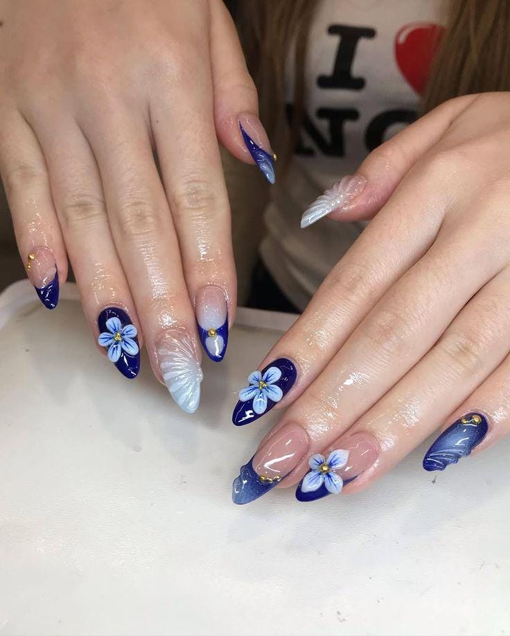 Navy Blue Blossom 3D Floral Press On Nails