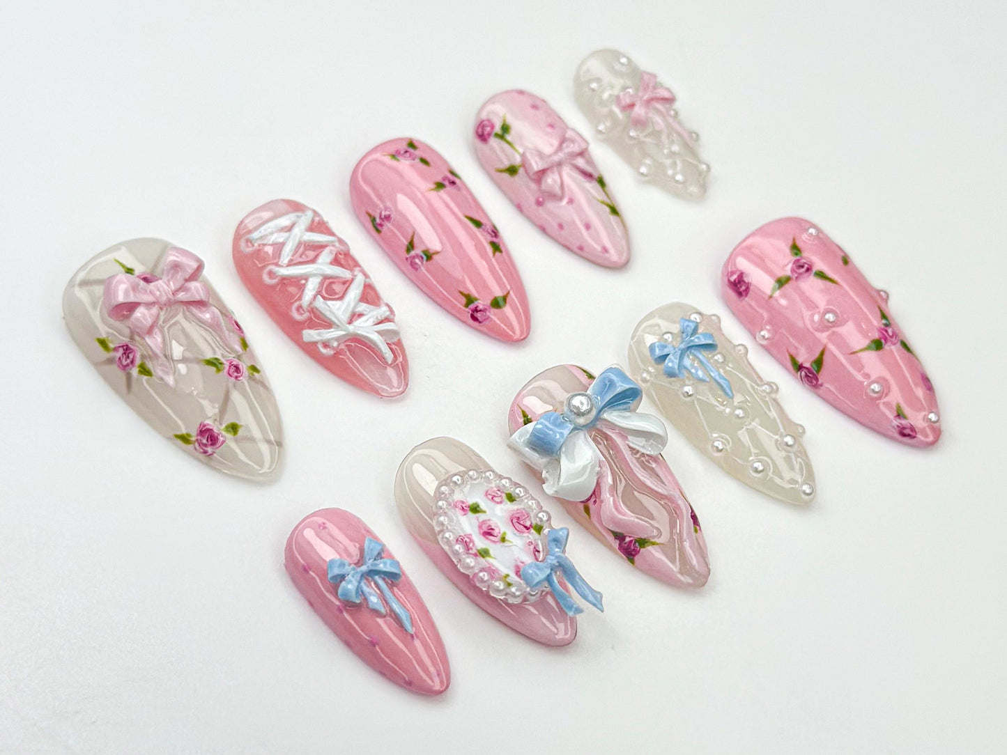Chic Pink Floral Bow Nail Art Set