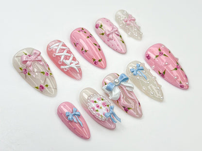 Chic Pink Floral Bow Nail Art Set