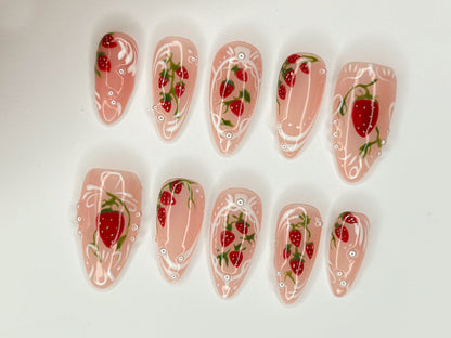 Pink Strawberry Garden Press On Nails