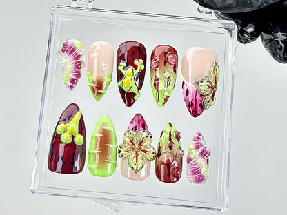 Vibrant Floral Frog Press-On Nails Set