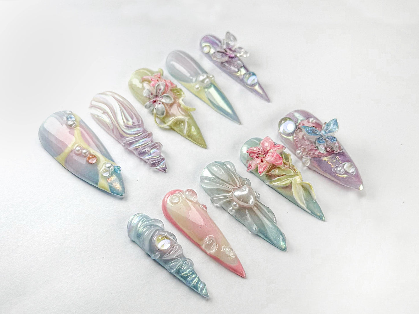 3D Pastel Press-On Nails – Floral & Butterfly Design