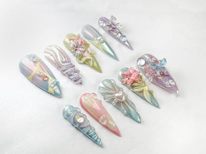 3D Pastel Press-On Nails – Floral & Butterfly Design