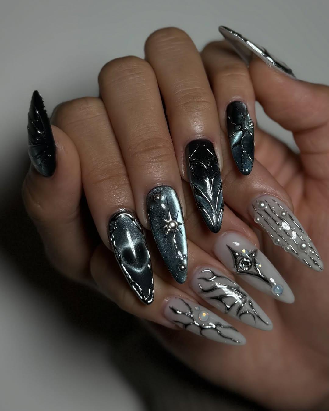 Midnight Silver 3D Press On Nails