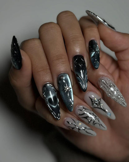 Midnight Silver 3D Press On Nails