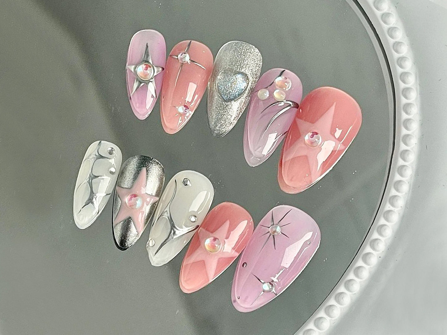 3D Star Pink Chrome Press On Nails Set