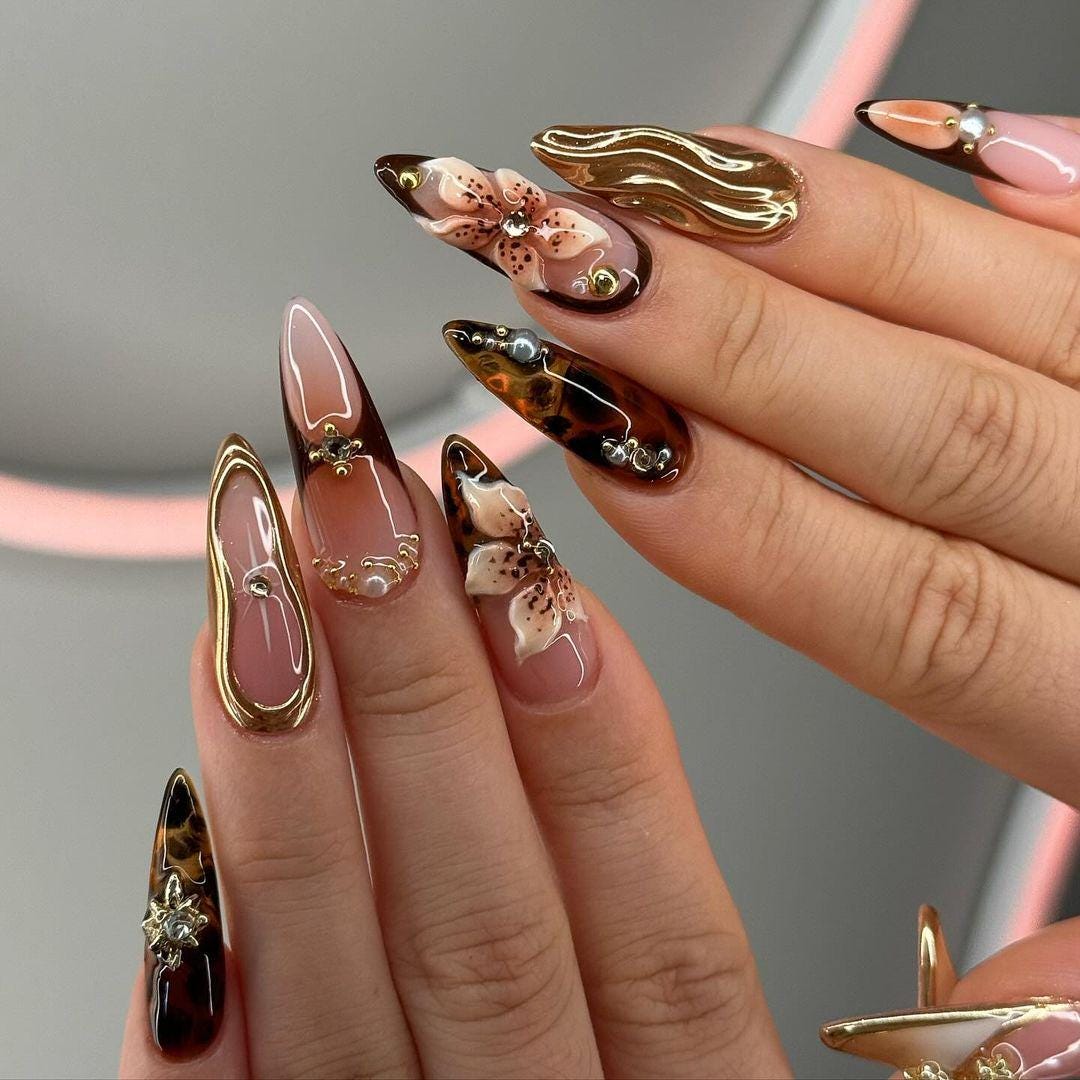 Tortoise Shell Floral Gold Press On Nails
