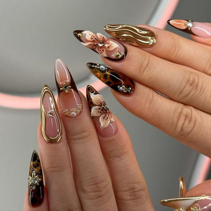 Tortoise Shell Floral Gold Press On Nails