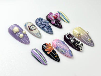 Whimsical Violet Press On Nails with Cat Art