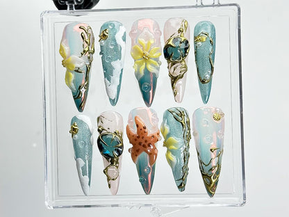 Ocean Pearl Starfish Floral Press On Nails Set