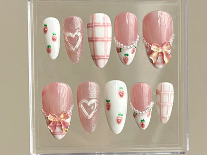 Cute Strawberry Pink Plaid Nail Set.